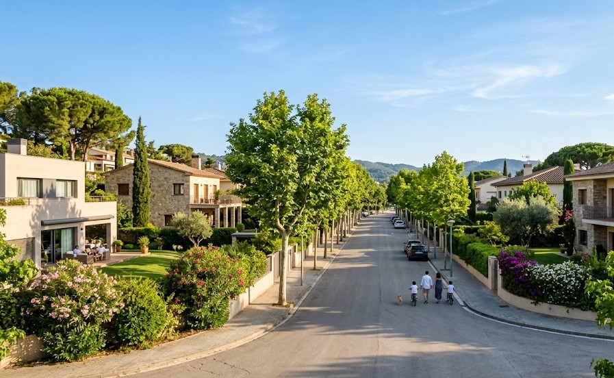 Vista de los chalets y las calles residenciales arboladas en Mira-sol, Sant Cugat